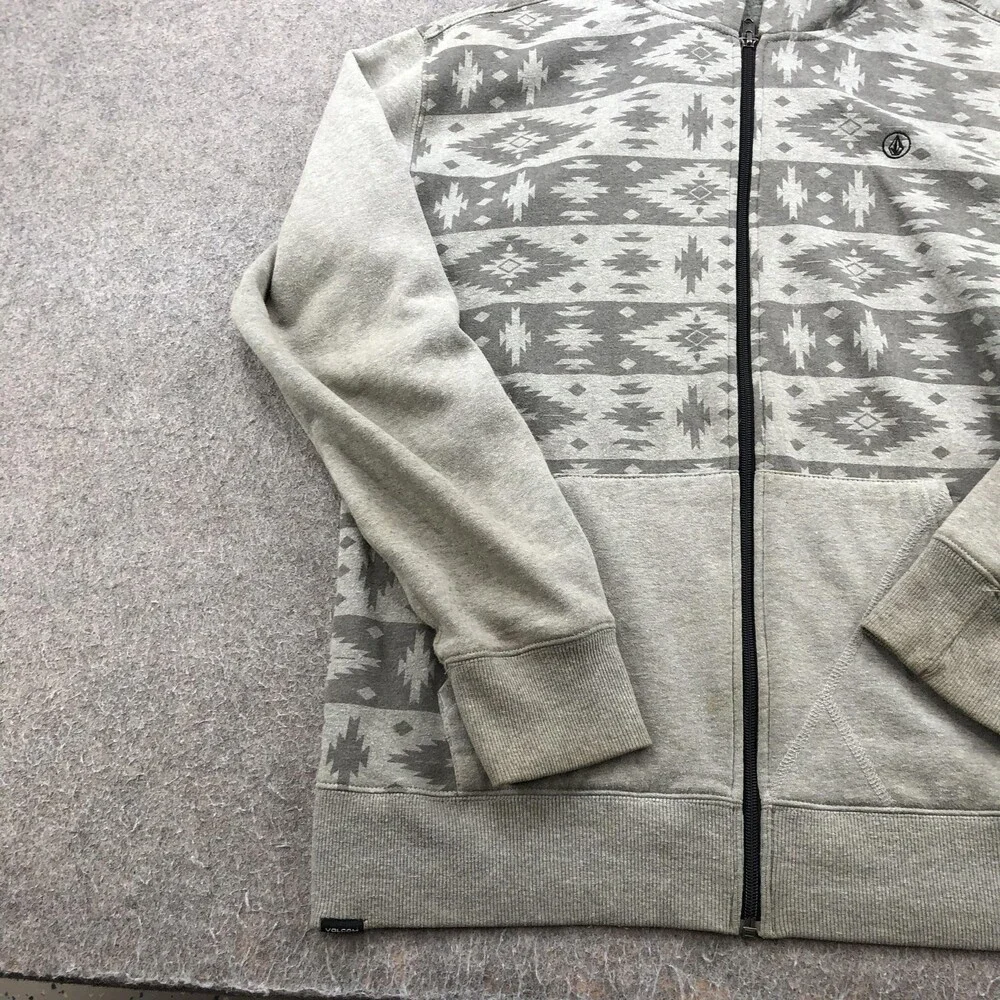 Volcom Hoodie Mens Large Gray Aztec Fleece Full Zip Sweatshirt Pockets Geometric - Picture 2 of 12